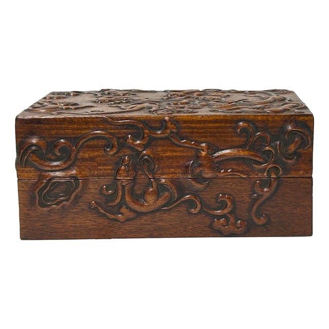 Oriental Relief Mythical Figure Motif Brown Natural Wood Small Accent Box For Sale