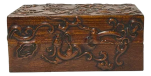 Oriental Relief Mythical Figure Motif Brown Natural Wood Small Accent Box