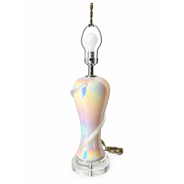 Iridescent Pearlescent Spiral Ribbon Table Lamp With Clear Tiered Base For Sale - Image 10 of 17