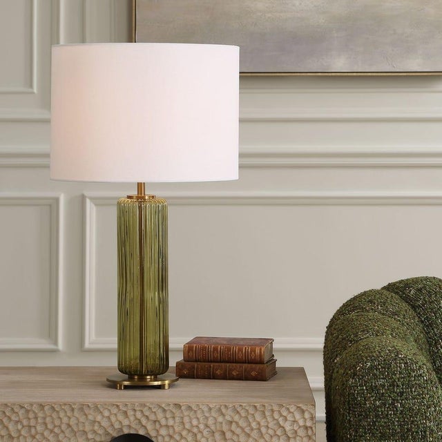 Green Glass/Brass Table Lamp With Shade For Sale In Sacramento - Image 6 of 8