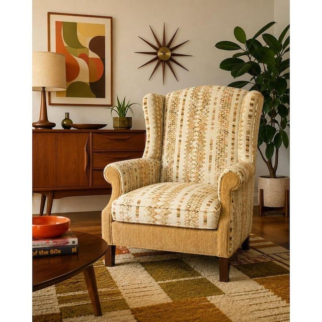 Accent Chair Wing Back Velvet Jacquard Stripe Stuart Funiture Company Asheboro Nc. Retro Kitsch Statement Piece Living Room Office For Sale - Image 11 of 12