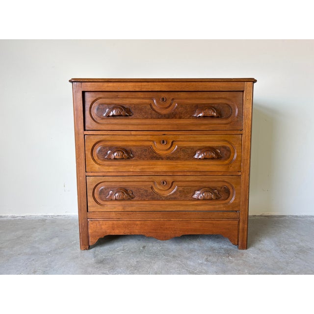 Antique Victorian Walnut Dresser Chest With Carved Wood Handles