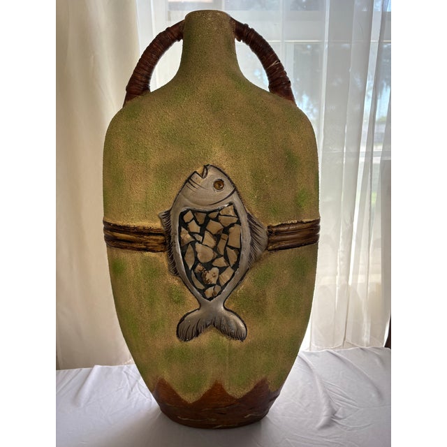 Mid Century Modern Terracotta W/Wrapped Rattan Rustic Mediterranean Handles Vase For Sale - Image 4 of 4
