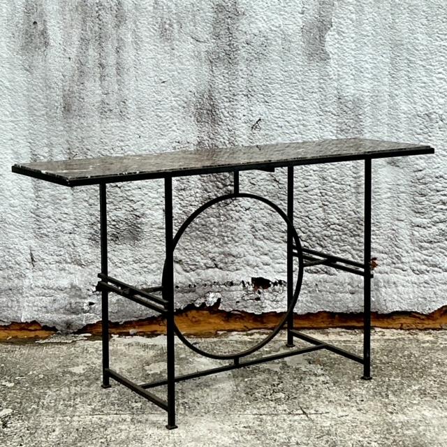 Metal Vintage Boho Wrought Iron Circle Console With Empress Stone Top For Sale - Image 7 of 8