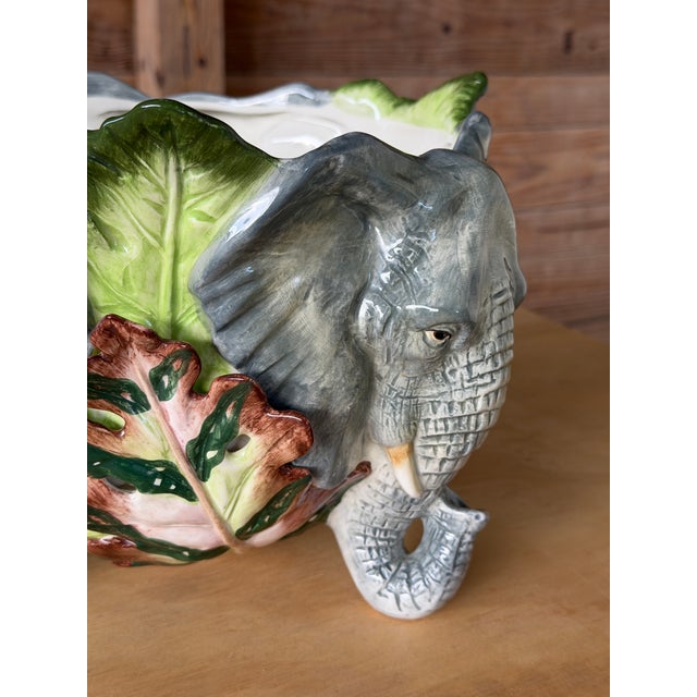 Traditional Vintage Fitz and Floyd Sculptural Elephant Cachepot Planter With Tropical Leaves For Sale - Image 3 of 12