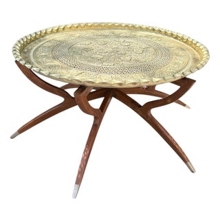 Vintage Mid Century Moroccan Embossed Brass Teak Wood Spider-Leg Coffee Table For Sale