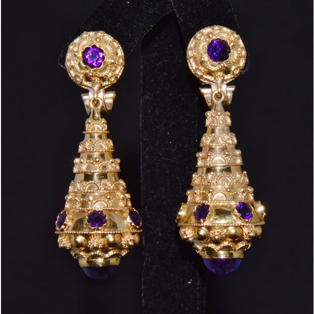 Late 19th Century Gorgeous Italian Etruscan Revival 18k 750 Solid Gold Amethyst Dangle Chandelier Earrings For Sale - Image 9 of 13