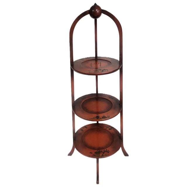 Chinoiserie Antique English Asian Style Red & Chinoiserie Painted Muffin Stand Etegere Table For Sale - Image 3 of 14