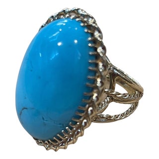 Vintage 75 Ct Natural Oval Sleeping Beauty Turquoise Ring, 18 Kt Yellow Gold, Size 8 For Sale