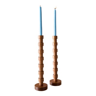 "Franc" Hand Turned Black Walnut Candle Holders by Lostine, Set of 2 For Sale