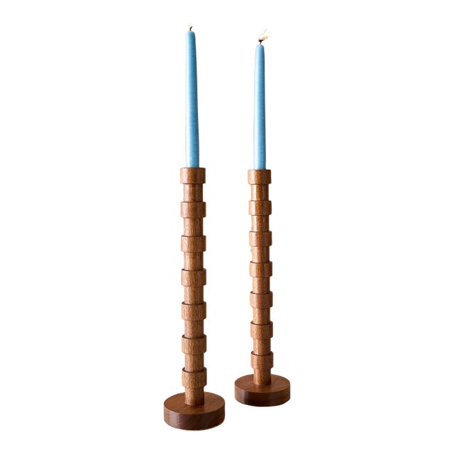 "Franc" Hand Turned Walnut Candle Holders by Lostine, Set of 2 For Sale