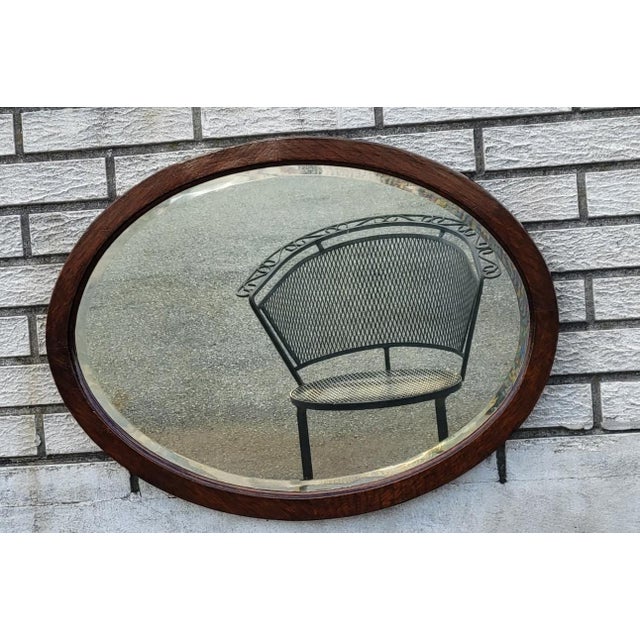 19th Century Victorian Oval Oak Wall Mirror Beveled Edge Antique Glass For Sale - Image 10 of 11