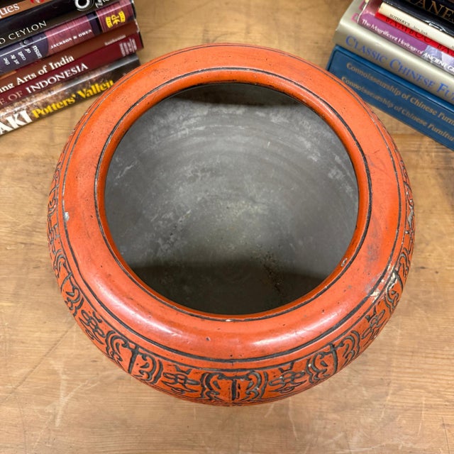 Burnt Orange Cinnabar Hibachi with Hand-Carved Designs For Sale - Image 12 of 12