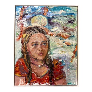 Anticipation Original Oil Painting, Frame, by Van Ness For Sale