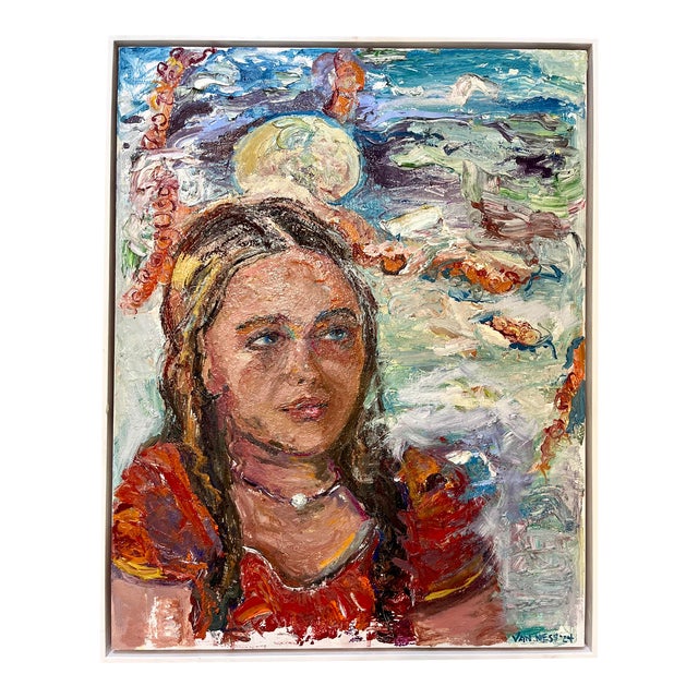 Anticipation Original Oil Painting, Frame, by Van Ness For Sale