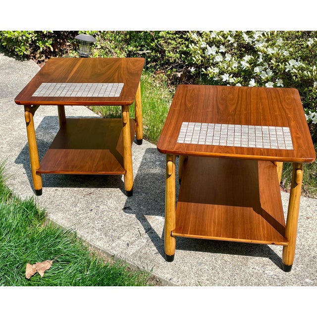 Lane "Monte Carlo" Walnut & Tile Inlay End/Side Tables 1960s Pair Mid-Century Modern For Sale - Image 10 of 12
