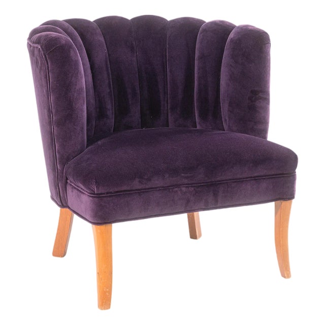 Contemporary Art Deco Style Purple Velvet Channel Back Accent Lounge Chair For Sale