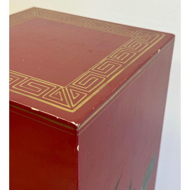 Vintage Chinoiserie Style Asian Motif Red Column Pedestal For Sale - Image 9 of 12