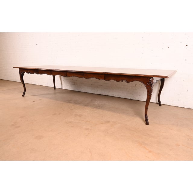 1980s Baker Furniture Italian Provincial Carved Cherry and Burl Wood Extension Dining Table, Newly Refinished For Sale - Image 5 of 18