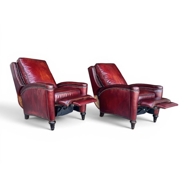 1980s Pair of Vintage English Wingback Recliners in Burgundy Oxblood Leather For Sale - Image 5 of 16