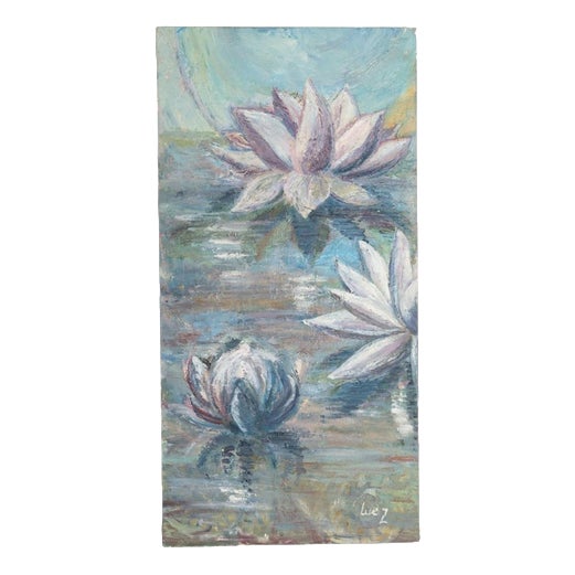 Evelyne Luez, Water Lilies, 20th Century, Oil Painting on Canvas For Sale