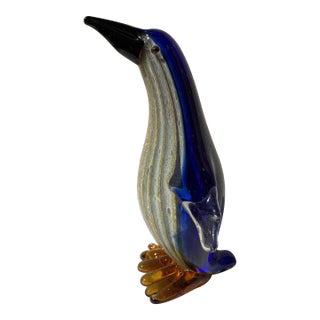 Vintage Art Glass Penguin, Cobalt Blue Gold Striped For Sale