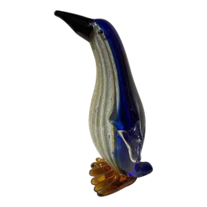 Vintage Art Glass Penguin, Cobalt Blue Gold Striped