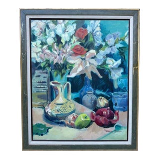 1984 Torgesen Murdock Original Oil Painting – Floral Still Life With Lilies, Roses & Ceramic Pitcher For Sale