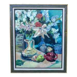 1984 Torgesen Murdock Original Oil Painting – Floral Still Life With Lilies, Roses & Ceramic Pitcher