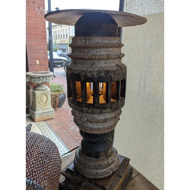 Brown Antique Wooden Ox Cart Wagon Hub Lamp Artifact Table Lights - Set of 2 For Sale - Image 8 of 12