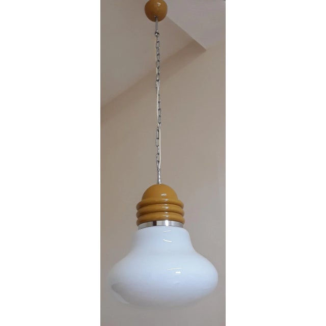 Vintage Ceiling Lamp in White Opaque Glass & Mustard-Colored Metal Assembly, 1970s For Sale - Image 3 of 7
