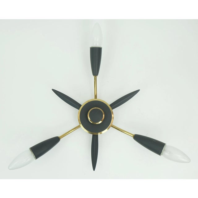 1950s Mid-Century Modern Sputnik Three-Light Ceiling Fixture in Brass and Dark Grey Metal, 1950s For Sale - Image 5 of 11