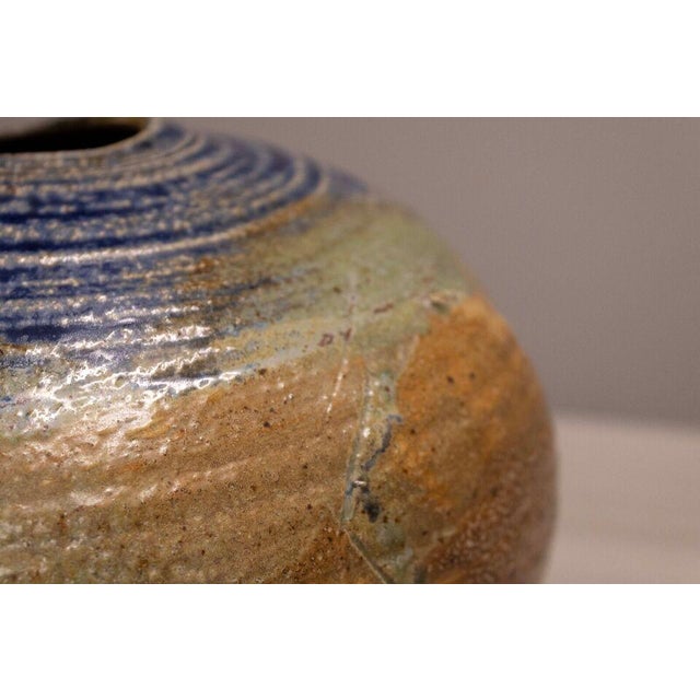 Ceramic Mid Century Modern Glazed Studio Pottery Vessel Cobalt Blue with Earth Tones For Sale - Image 7 of 9