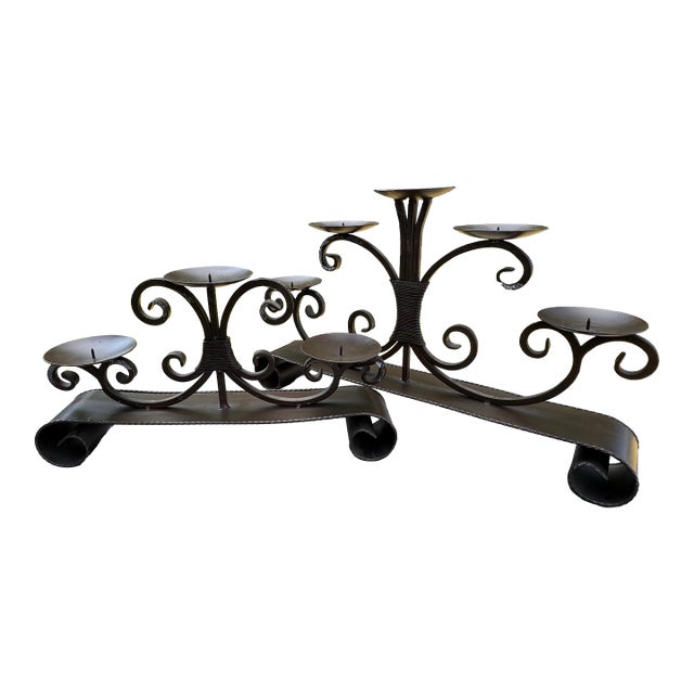 1980s Vintage Wrought Iron Candelabra Fireplace Mantel Candle Holders - A Pair For Sale