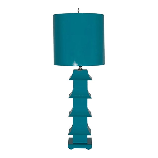 Matthew Izzo Home Handpainted Turquoise Tall Pagoda Tole Table Lamp With Handpainted Metal Shade For Sale