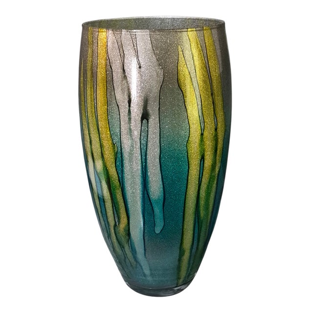 Teal Modern Tall 14'' Italian Art Glass Alcohol Ink Painted Vase Teal Gold & Silver For Sale - Image 8 of 8