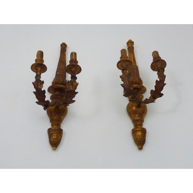 1950s Large Vintage Italian Wall Lights in Gilded Wood and Metal Arms, 1950s, Set of 2 For Sale - Image 5 of 11