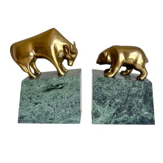 Mid 20th Century Art Deco Brass Bear and Bull Green Marble Bookends For Sale