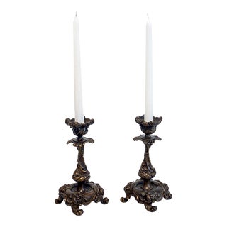 19th Century European Bronze Rococo Candlesticks - a Pair For Sale
