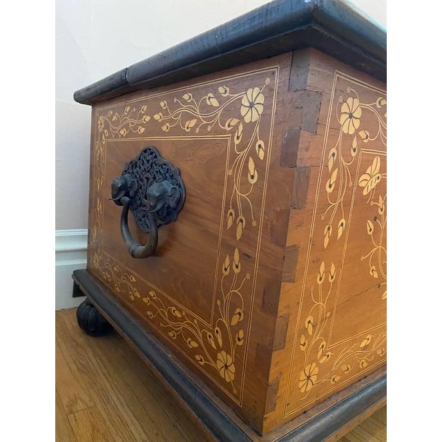 Art Nouveau 1990s Marquetry Solid Teakwood Inlaid Chest For Sale - Image 3 of 5