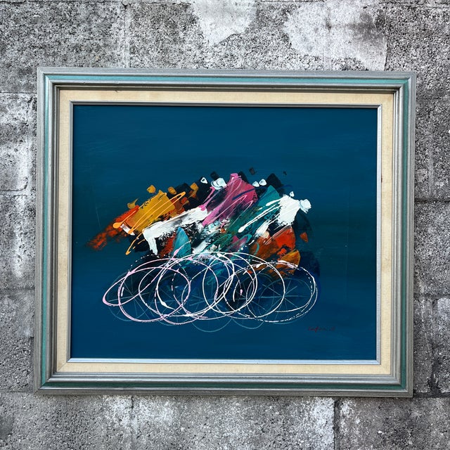 Vintage Post Modern Abstract Wall Art Painting Profesionally Framed and Signed by the Artist. Circa 1980s Signed Lefermet....