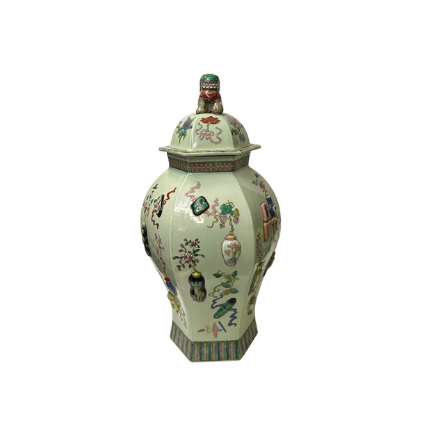 1980s Vintage Chinese Light Celadon Green Relief Motif Hexagonal Porcelain Jar For Sale - Image 5 of 13