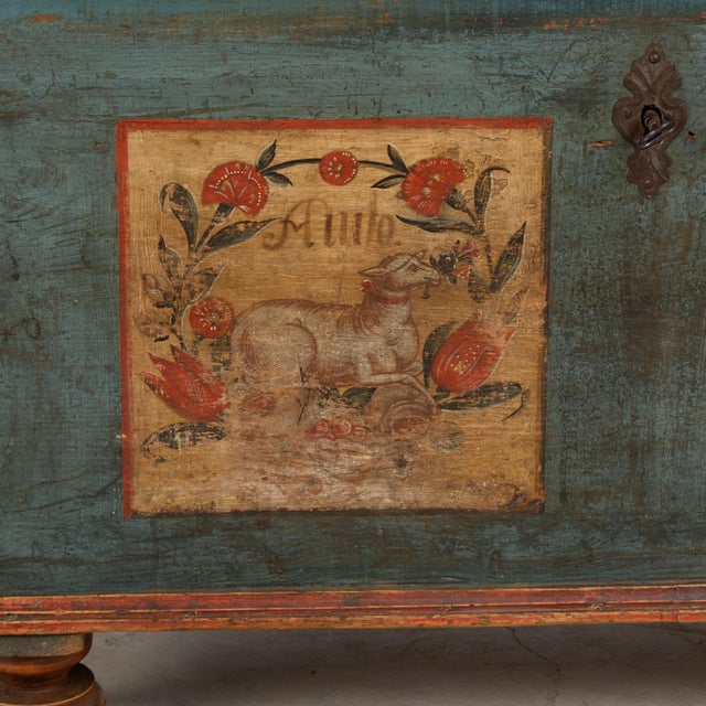 Blue 1822 Original Hand-Painted Blue Pine Flat Top Trunk For Sale - Image 8 of 13