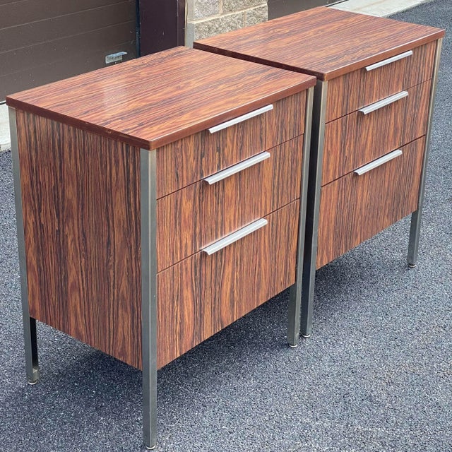Mid-Century Modern Mid-Century Modern Rosewood Laminate & Stainless Steel Tall Nightstands - a Pair For Sale - Image 3 of 13