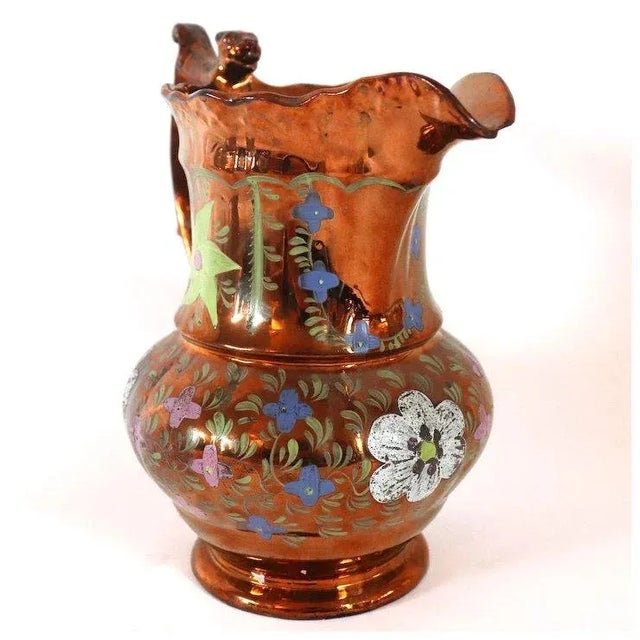 Copper English Staffordshire Enamelled Copper Luster Dog-Handle Pitcher For Sale - Image 8 of 13