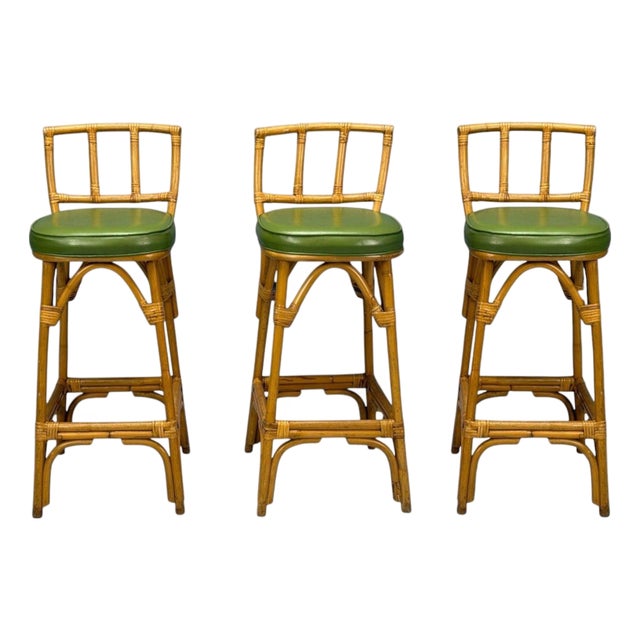Dutch Modern, Bamboo, Green Leather, Three Barstools, Netherlands, 1970s For Sale