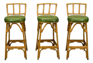 Dutch Modern, Bamboo, Green Leather, Three Barstools, Netherlands, 1970s