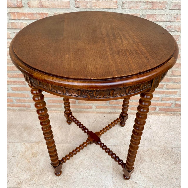 Renaissance 1930s Spanish Round Carved Wood Side Table With Bobbin Turned Legs For Sale - Image 3 of 10