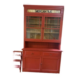 Mercantile Large Red Sideboard Buffet and Hutch With Accompanying Red Four Step Step Stool - Set of 3 For Sale