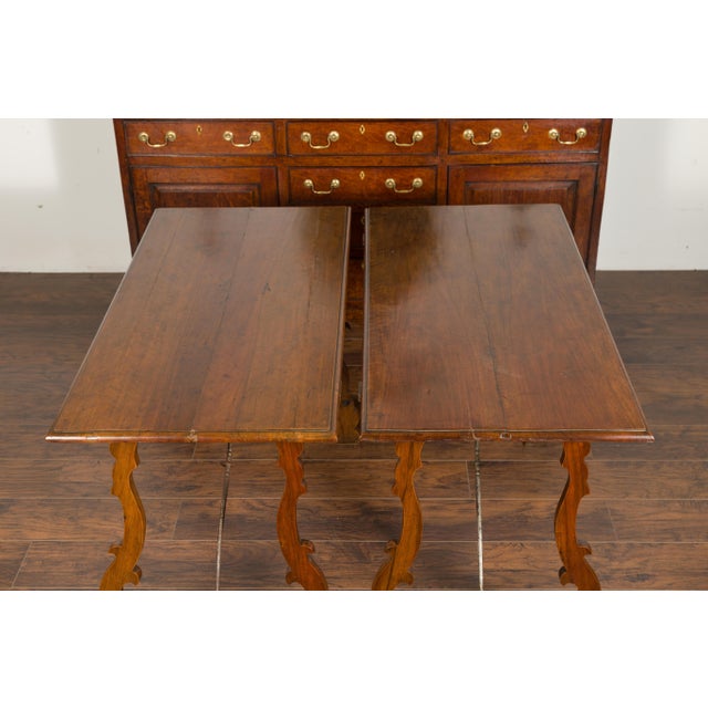 Pair of Spanish Baroque Style 1880s Walnut Console Tables with Iron Stretchers For Sale - Image 10 of 12